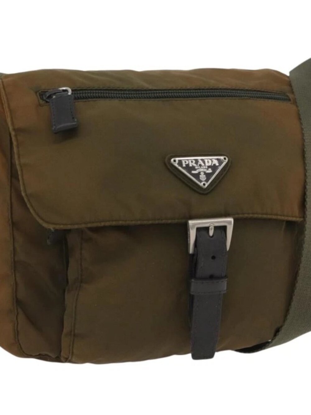 PRADA Shoulder Bag Nylon Khaki Silver Auth 174613
